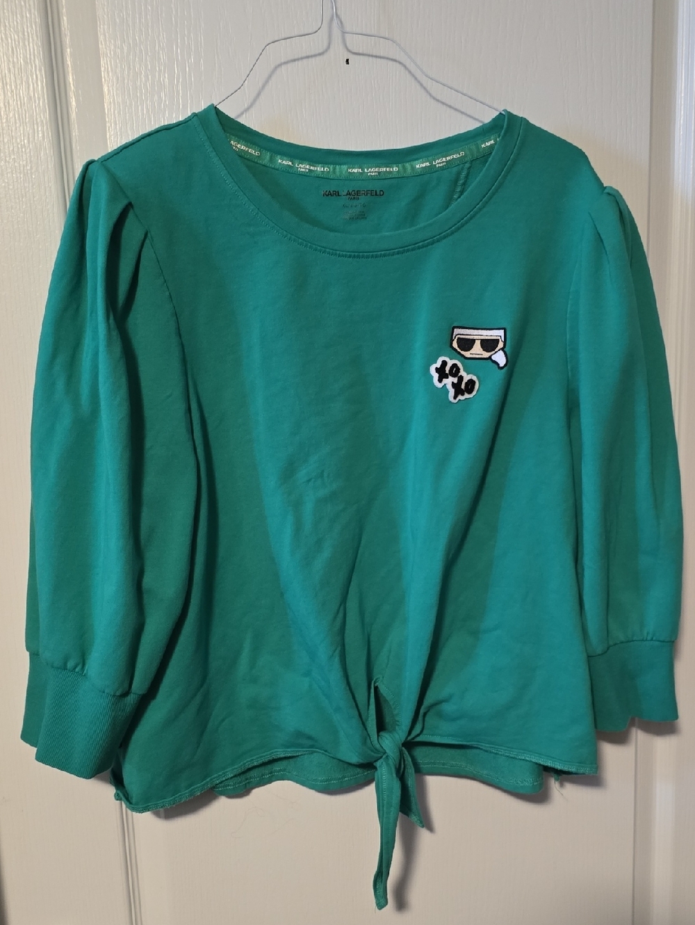 Karl Lagerfeld  Teal Tie-Front Sweatshirt with Sunglasses Patch XL